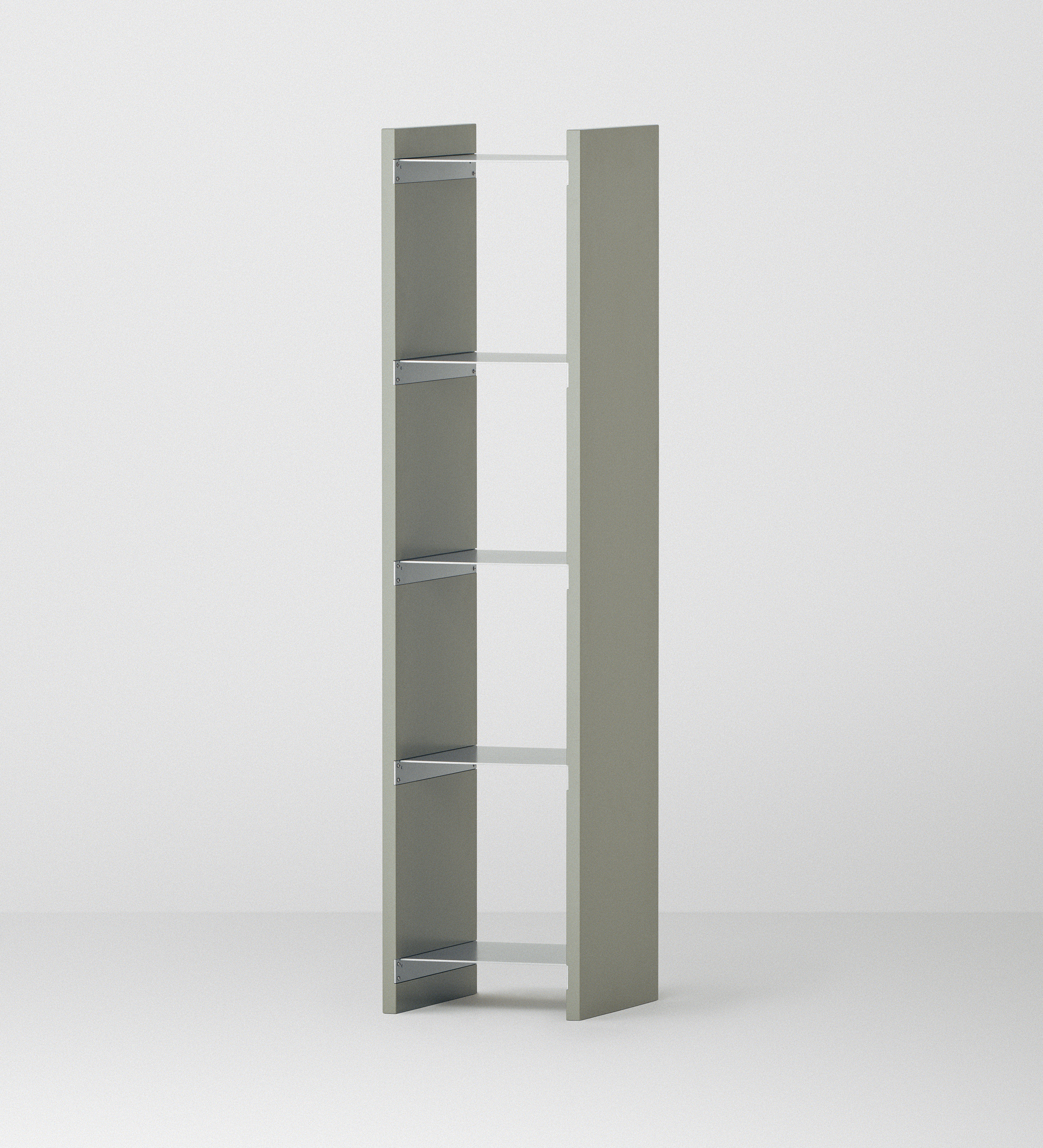 幅35cm × 高さ146.5cmのモジュラーシェルフ・可動棚｜モスグレー（落ち着いたグレー）｜スリムな収納棚。飾り棚や本棚、キッチンラックとして