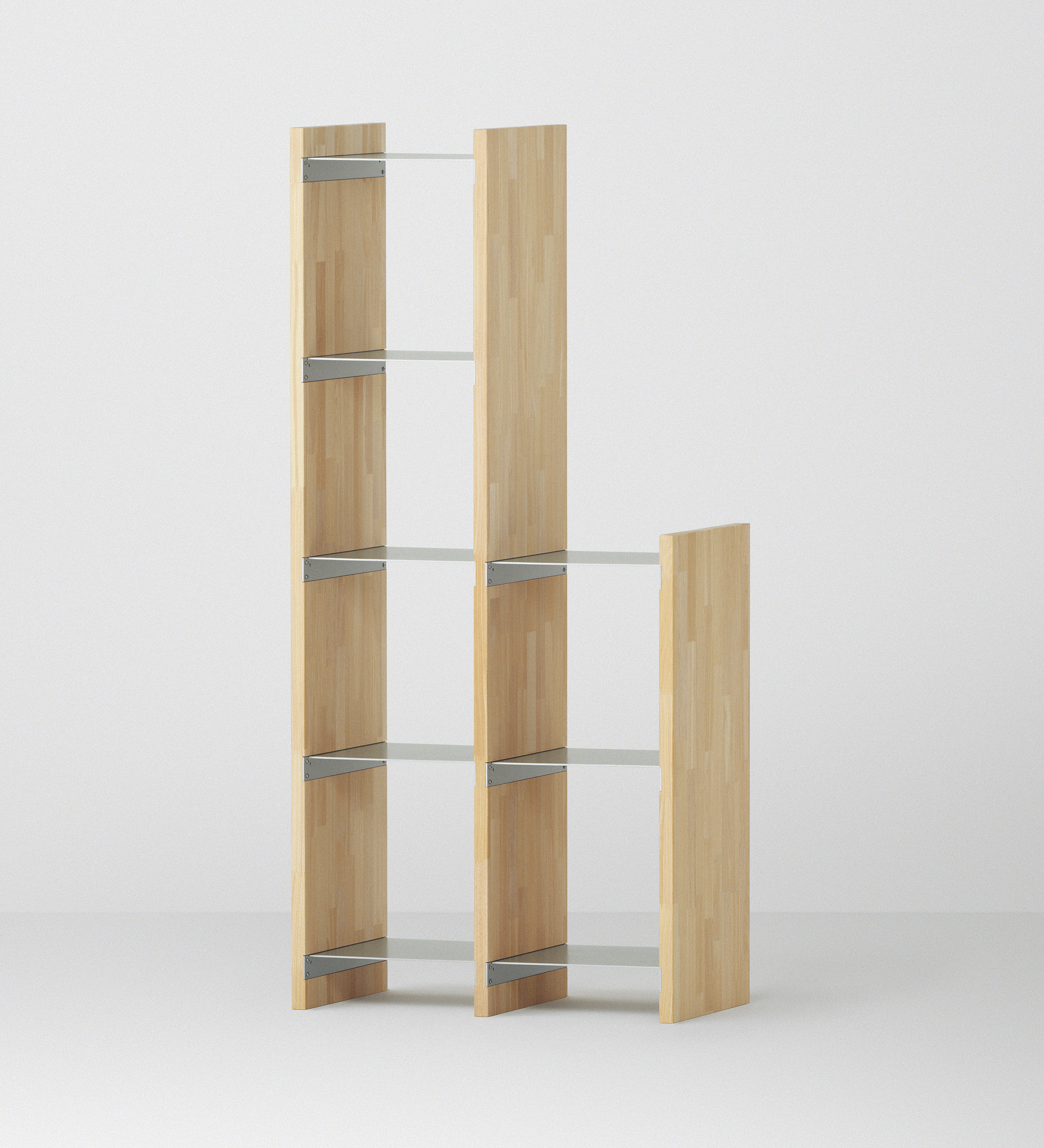 幅67.5cm  × 高さ146.5cmのモジュラーシェルフ・可動棚｜無塗装｜2段と4段の組み合わせで、オープンラックや観葉植物を置く棚に