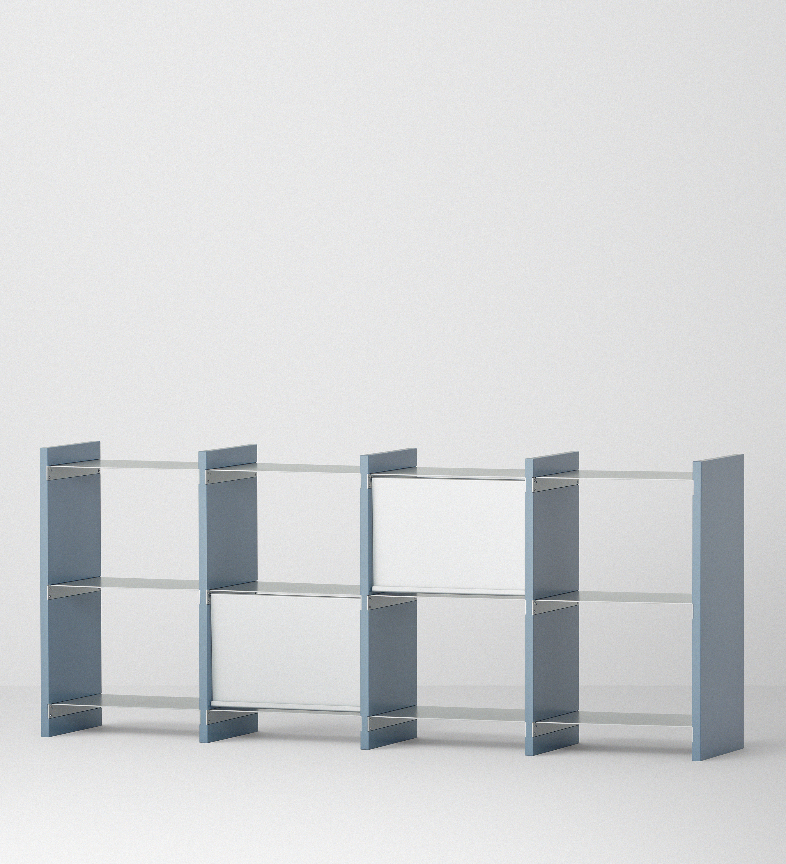 幅132.5cm × 高さ80cmのモジュラーシェルフ・可動棚｜モジュラーファーニチャー。ブルーグレー（薄いブルー）｜リビング収納や店舗什器、オフィス什器として