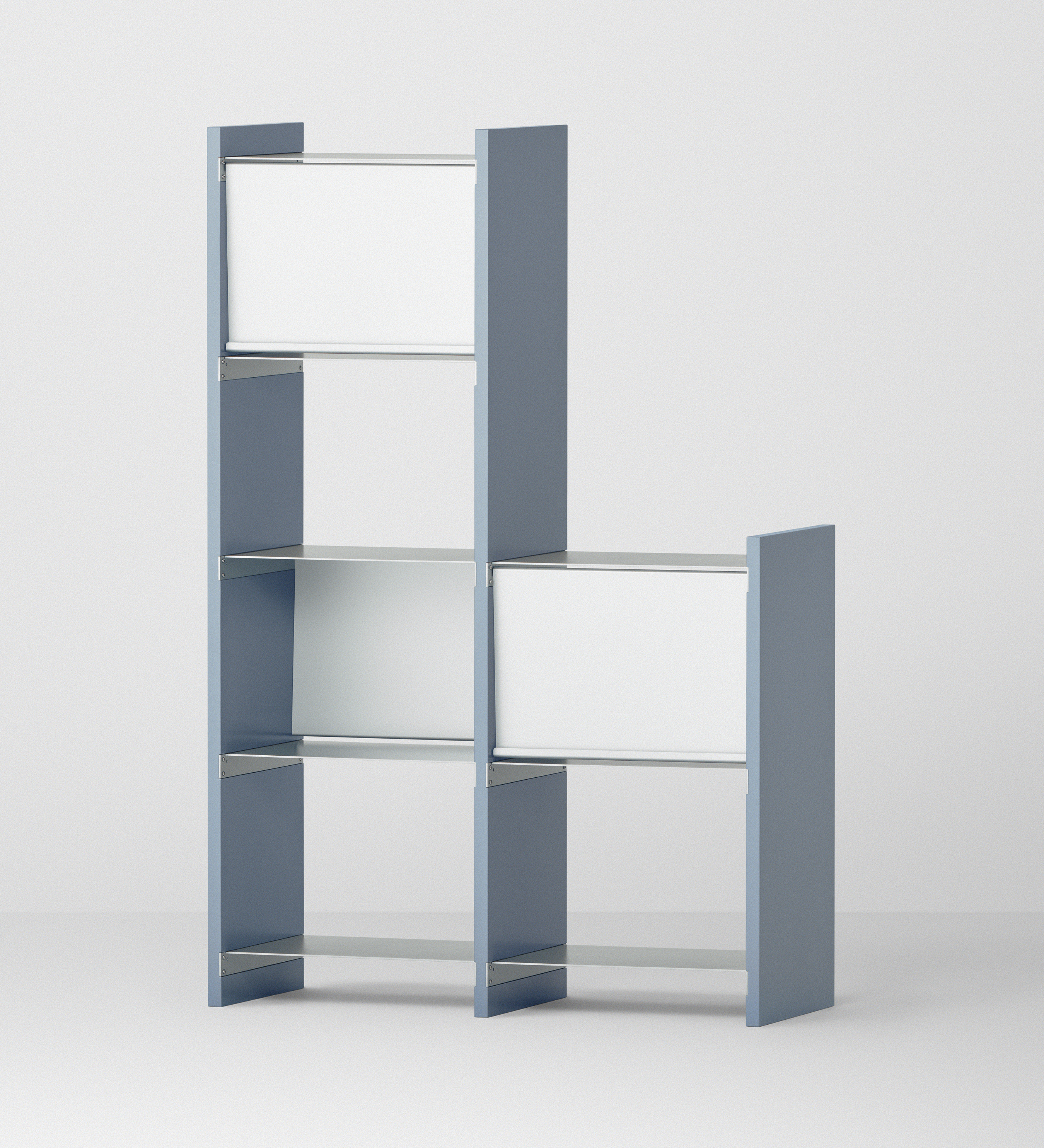 幅67.5cm  × 高さ146.5cmのモジュラーシェルフ・可動棚｜ブルーグレー（薄いブルー）｜2段＋4段の段違い棚。観葉植物を飾れる棚やディスプレイ棚に