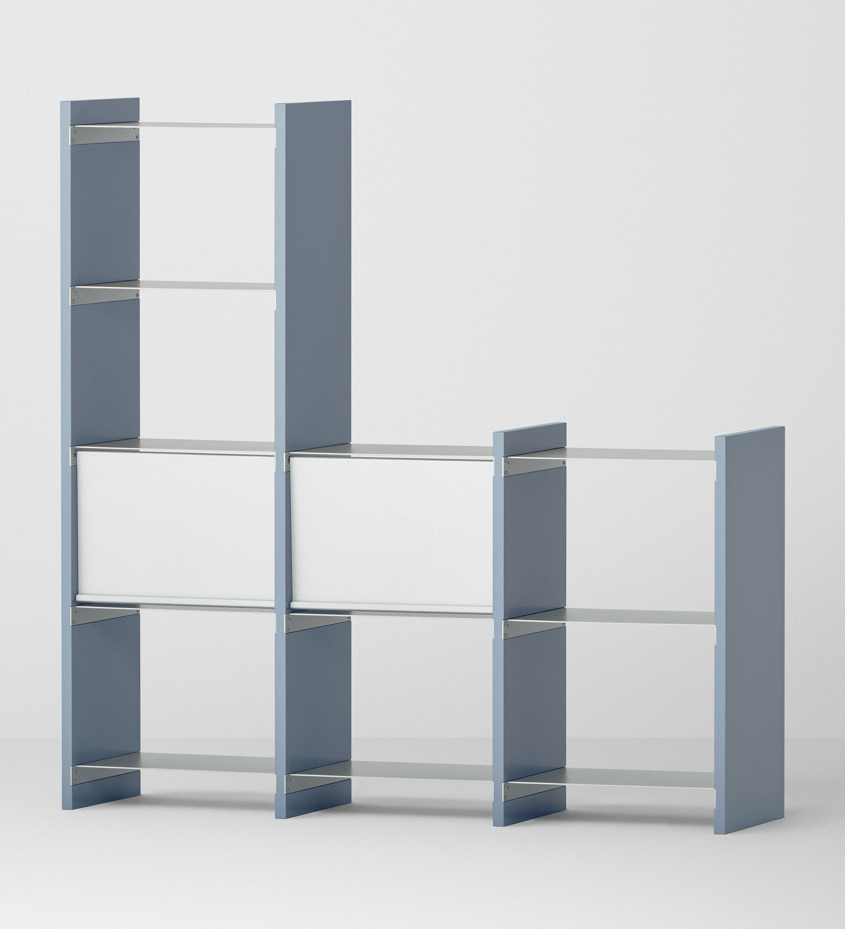 幅100cm   × 高さ146.5cmのモジュラーシェルフ・可動棚｜ブルーグレー（薄いブルー）｜段違いレイアウトの飾り棚。器や観葉植物のディスプレイに