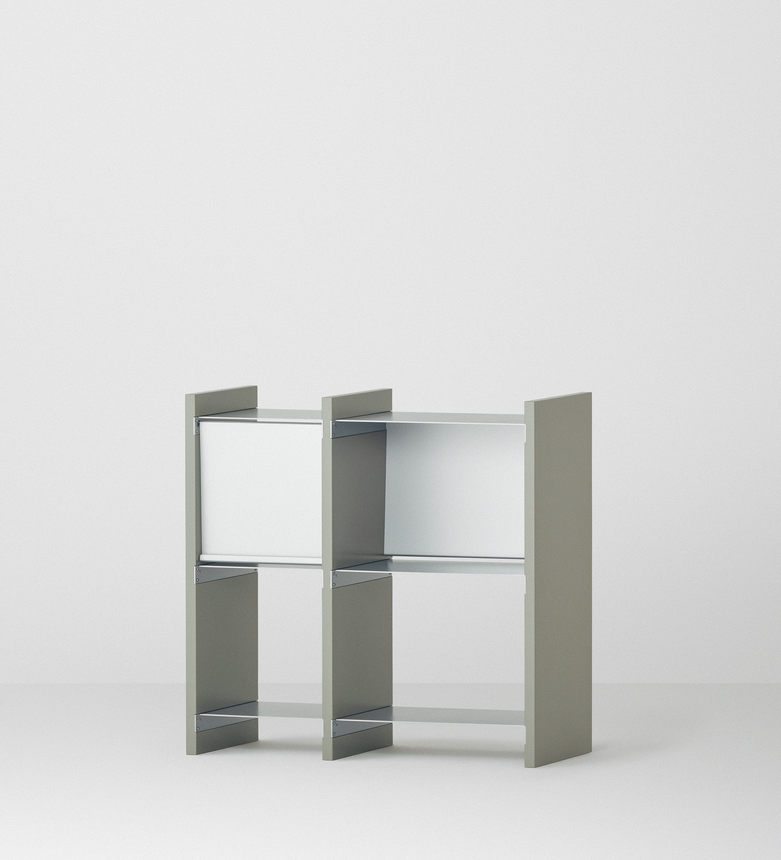 幅82.5cm × 高さ80cmのモジュラーシェルフ・可動棚｜モスグレー（落ち着いたグレー）｜幅30cm＋幅45cmの組み合わせ。サイドボードや仕切り棚に