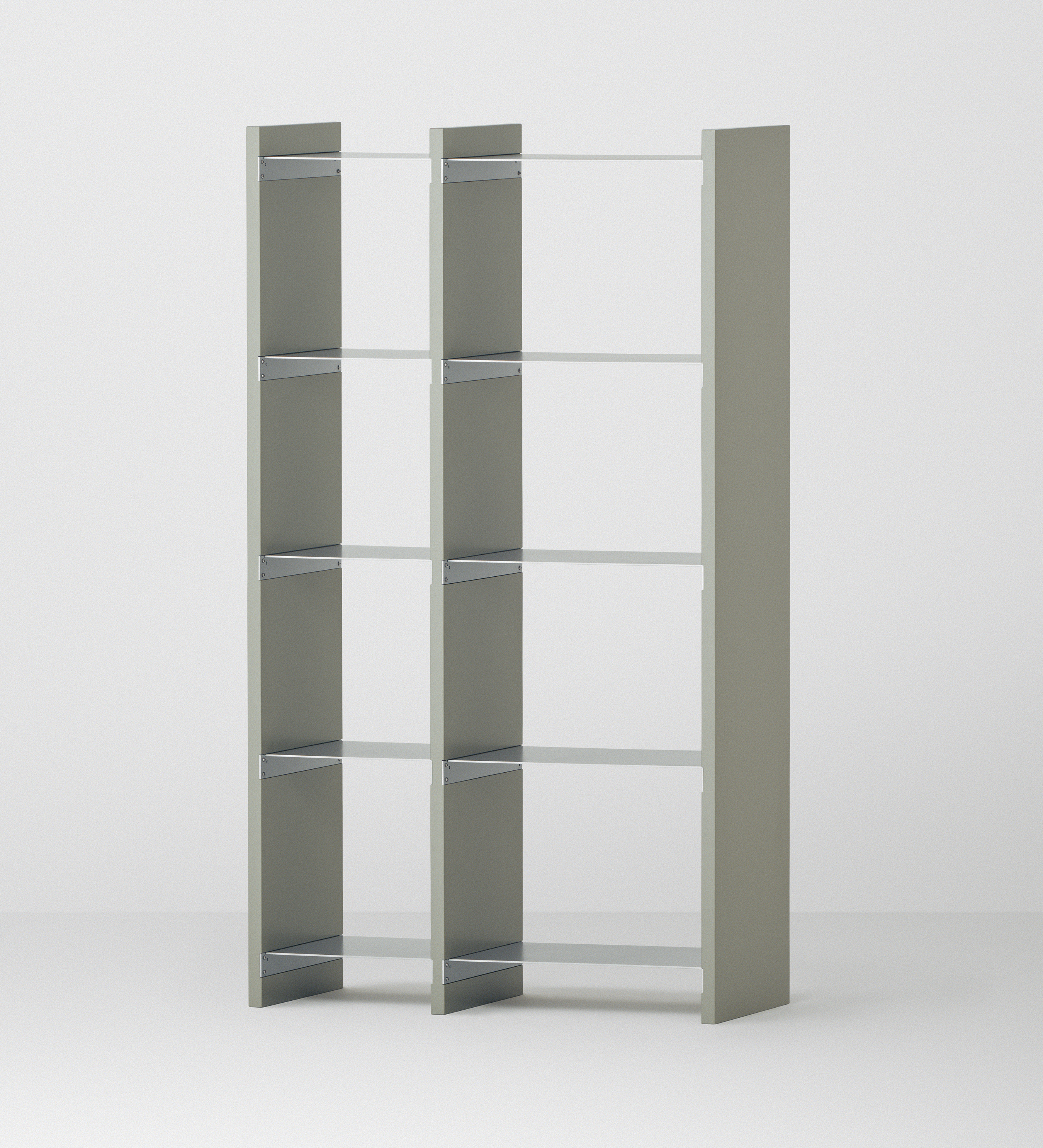 幅82.5cm × 高さ146.5cmのモジュラーシェルフ・可動棚｜モスグレー（落ち着いたグレー）｜幅30cm＋幅45cmの組み合わせ。ディスプレイ棚やオープンシェルフに