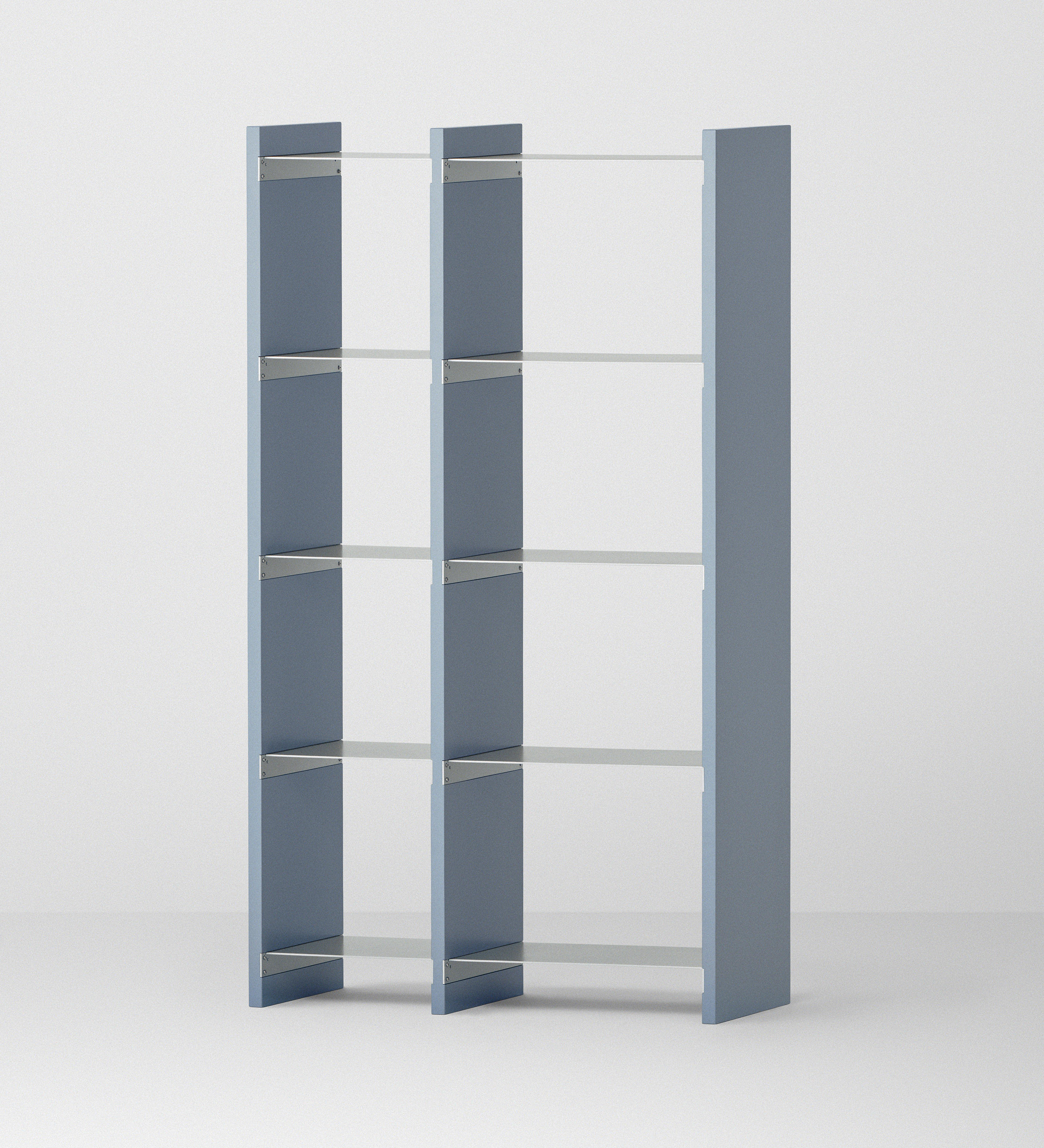 幅82.5cm × 高さ146.5cmのモジュラーシェルフ・可動棚｜ブルーグレー（薄いブルー）｜幅30cm＋幅45cmの組み合わせ。ディスプレイ棚やオープンシェルフに