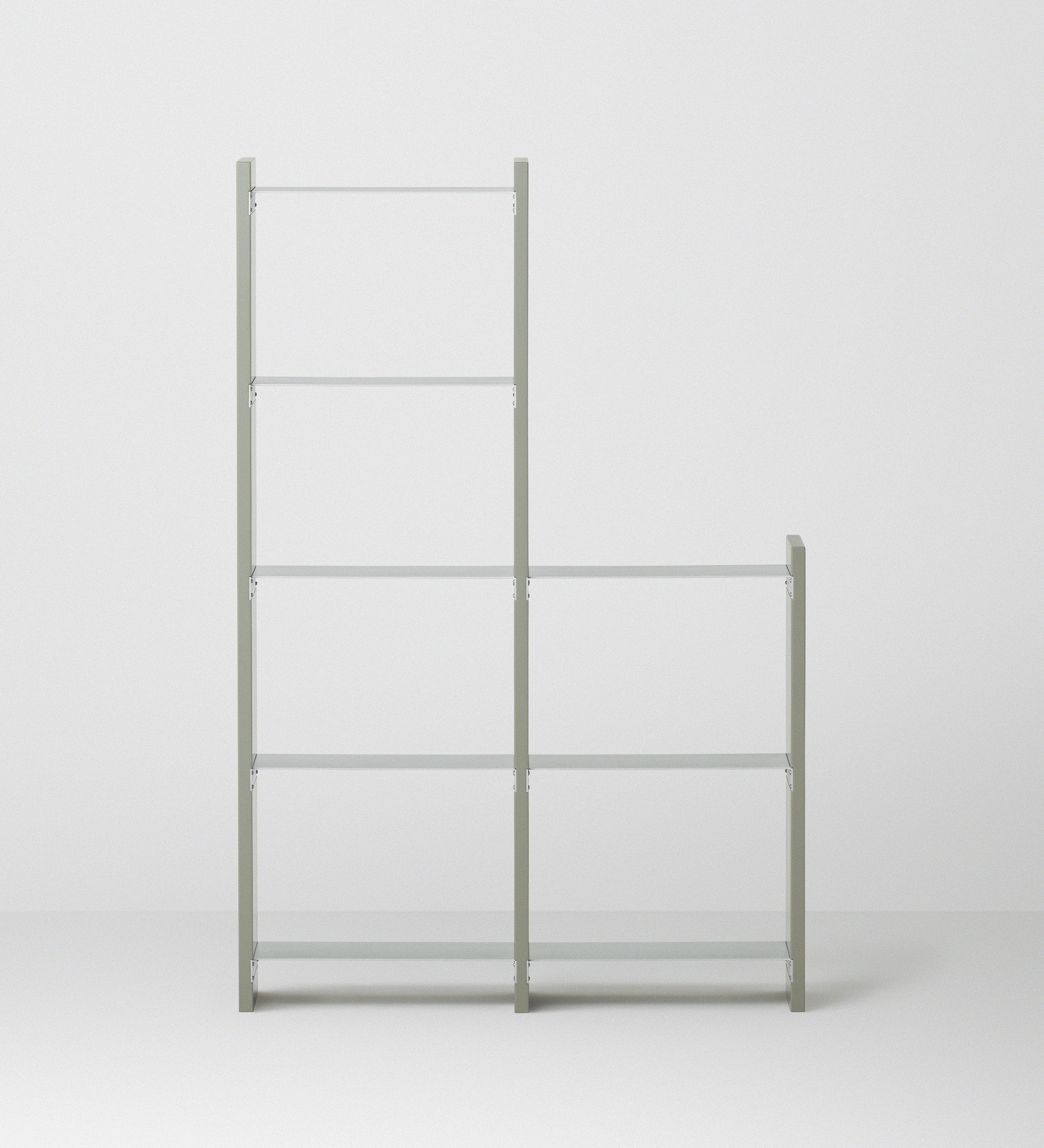 幅67.5cm  × 高さ146.5cmのモジュラーシェルフ・可動棚｜モスグレー（落ち着いたグレー｜2段＋4段の段違い棚。観葉植物を飾れる棚やディスプレイ棚に