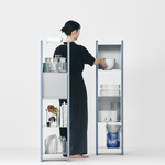 幅35cm × 高さ146.5cmのモジュラーシェルフ・可動棚｜ブルーグレー（薄いブルー）｜スリムな収納棚。飾り棚や本棚、キッチンラックとして